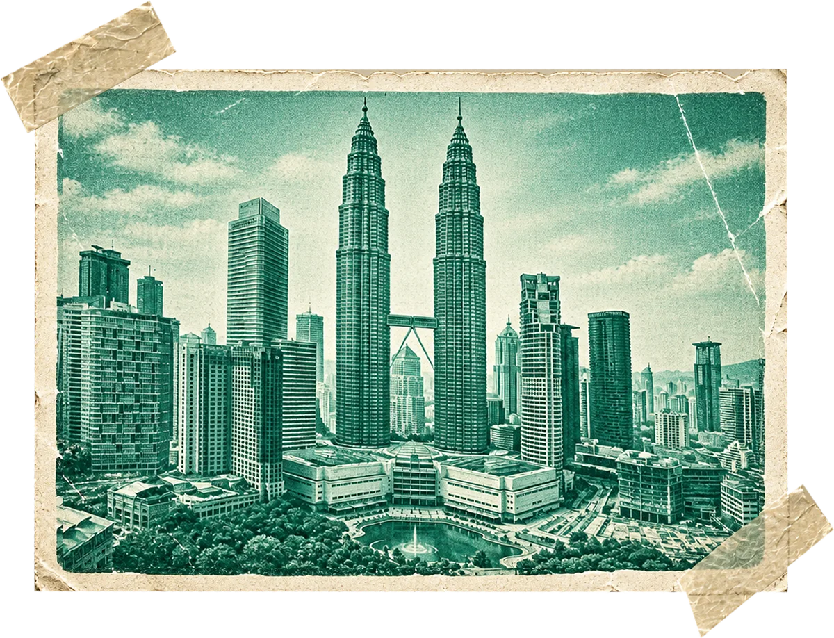 Vintage green-toned postcard of the Kuala Lumpur skyline with the Petronas Twin Towers